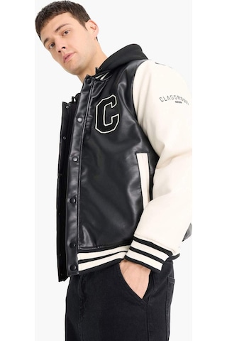 Defacto Regular Fit Kolej Yaka Çıkarılabilir Kapüşonlu Çıtçıtlı Suni Deri Bomber Mont E9972ax25aubk27 Siyah