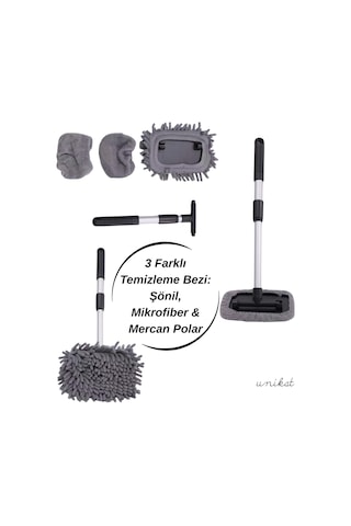 180 Döner Başlıklı Teleskopik Araç Cam Ve Torpido Temizleme Aparatı 3 Farklı Mikrofiber Bezli