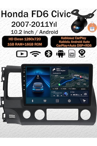 Honda Civic Fd6 2007-2011 Uyumlu 1gb Ram 16gb Android Navigasyon Multimedya Tesla Ekran Android Teyp Double Teyp Kablosuz Carplay Android Auto Bluetooth Wifi Gps Geri Görüş Kameralı 10.2"