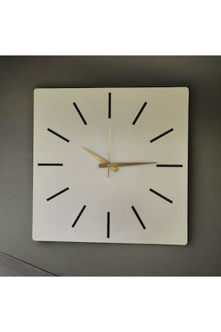 Kare Ahşap Beyaz Renk Sade Sayılı Hediyelik Sessiz Duvar Saati 50cm Beyaz
