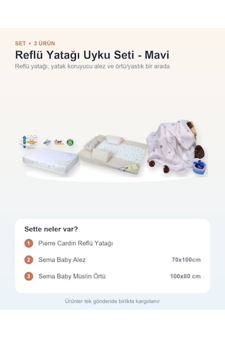 Reflü Yatağı Uyku Seti 3 Parça: Reflü Yatağı + Sema Baby Alez + Sema Baby Müslin Örtü - Mavi