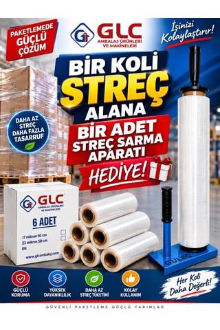 6 Adet 1 Koli 17 Mikron 300mt Palet Streç Film Alımına 1 Adet Streç Sarma Aparatı Hediye