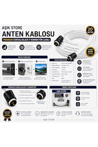 20 Metre Premium Anten Kablosu %100 Bakır İç İletken Contalı Black F Konnektör Çakılı Koaksiyel Tv Uydu Kablosu