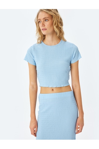 Koton Bisiklet Yaka Kısa Kollu Slim Fit Dokulu Crop Tişört Mavi 5sak50210ek Mavi