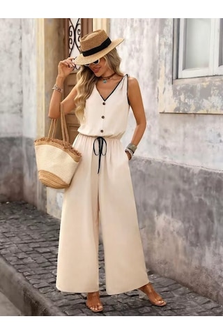 Efnaz Style Kadın Askıdan Bağlamalı V Yakalı Belden Süs Bağcıklı Tulum Bej