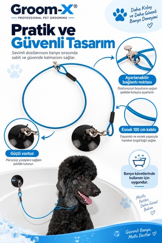 Groom-x Vantuzlu Kedi Köpek Banyo Bağlama Halatı 100 Cm - Banyolar Artık Daha Güvenli