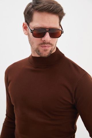 Fullamoda Basic Dik Yaka Regular Fit Triko Kazak Kahve
