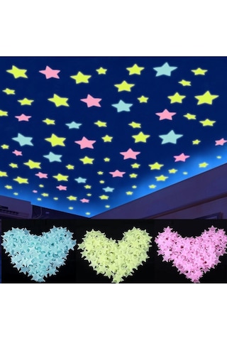 50 Adet Yeşil Renk Fosforlu Yıldız Gülen Ay Duvar Tavan Süsleri Çocuk Odası