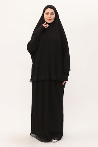 Siyah İki Parça Namaz Elbisesi Pamuk Kumaş Dantelli 2205 01 Siyah