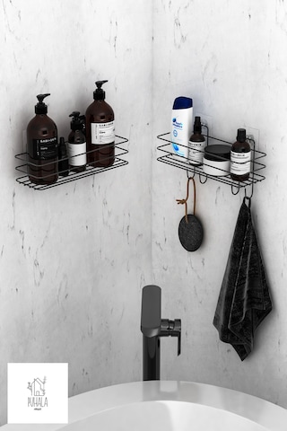 Siyah Yapışkanlı 2li Set Banyo Düzenleyici Şampuanlık Banyo Rafı Duş Rafı Organizer Duşakabinaskısı Siyah