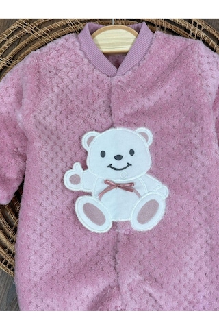101 Dalmaçyalı Peluş Ayıcık Nakışlı Patikli Çıtçıtlı Kışlık Erkek Bebek Tulum Gül Kurusu