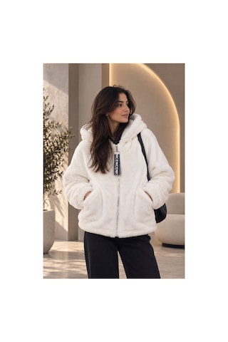 Öners Kadın Kapşonlu Peluş Fermuarlı Sweat Oversize Yumuşak Polar Hoodie Kışlık Sıcak Tutucu Beyaz Beyaz