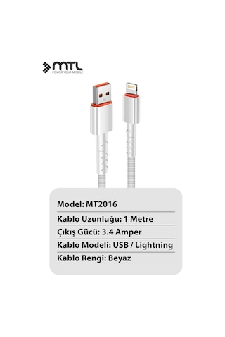 3.4a Usb To Apple Uyumlu iPhone Lightning Hasır Hızlı Şarj Ve Data Aktarım Kablosu 1 Metre Beyaz Mt2016