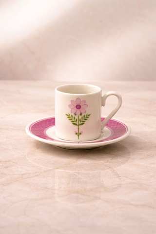 2 Kişilik Porselen Mor Papatya Desenli Kahve Fincan Takımı Seti 90ml Beyaz
