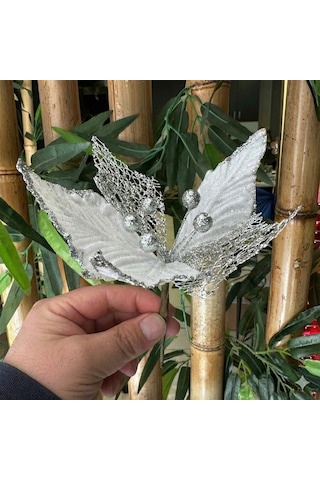 28 Cm - Ponsetya Beyaz Pullu Tomurcuklu Tüllü Yılbaşı Çiçeği Lüks Dekoratif Süs