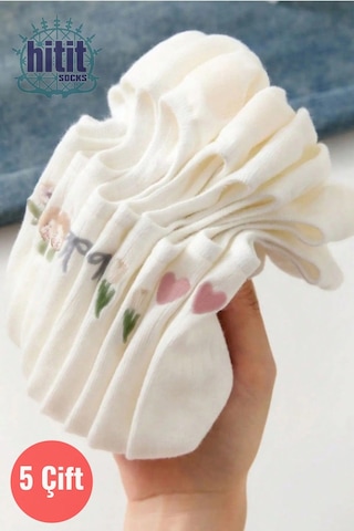 Kadın 5 Çift Premium Fiyonk Çiçek Ve Kalp Desenli Babet Çorap Seker Beyazı ASORTİ