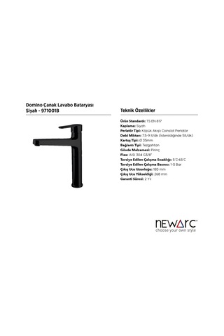 Newarc Domino 971001B Çanak Tipi Lavabo Bataryası Siyah