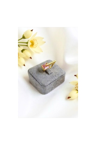 Pembe Baget Taşlı Gold Renkli Ayarlanabilir Çelik Yüzük Altın