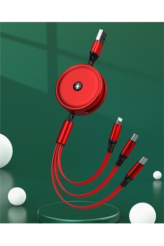 Pazly Çekilebilir 3'ü 1 Arada Usb Şarj Kablosu 1.2m Kırmızı - Kompakt & 2.5a Hızlı Şarj