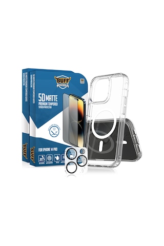 Buff Apple iPhone Uyumlu 14 Pro - 2x5d Ekran Koruyucu + Magsafe Kılıf + Lens Koruyucu Matte Mat
