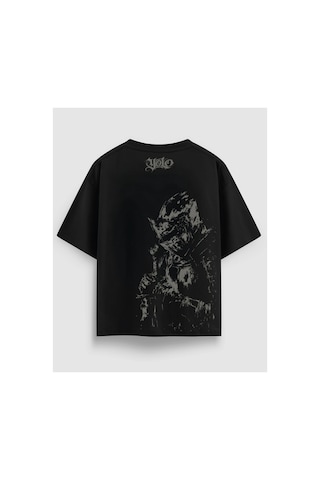 Yolo Street Oversize Unisex Siyah Tişört Yolo Yazılı Ortaçağ Şövalye Baskı, %100 Pamuk Streetwear Tasarım Siyah1x