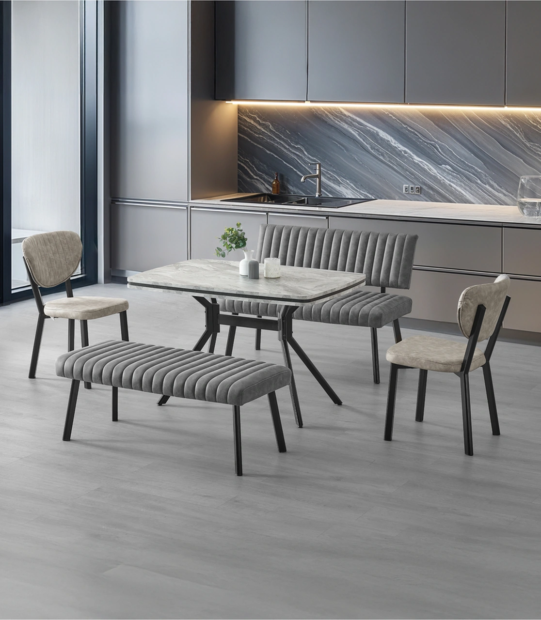 Dengema Koza Bank Yemek Masası Takımı 80 120 Cm Gri Mermer, 2 Antrasit Bank, 2 Sandalyeli Gri Mermer - Antrasit Bank