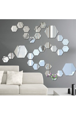Honmex 12 Adet 10x8 Cm Gümüş Akrilik Yansıtıcı Hexagon Duvar Sticker - Otomatik Yapışkan Fonksiyonlu Gümüş