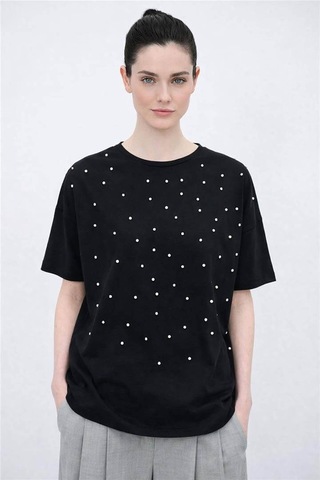 Fashion Friends İncili Ve Taşlı Siyah Kadın Bluz 26y0082k1