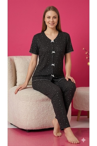 Sleeproom Yazlık Siyah Beyaz Yıldız Desenli Kısa Kol Penye %100 Pamuk Pijama Takım