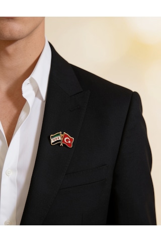 Suriye Ve Türkiye Bayarkları Simgesi Altın Renkli Özel Tasarımlı Unisex Yaka Rozeti A300135