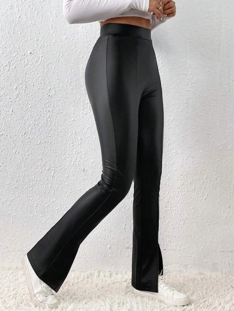 Tua Moda Kadın Yüksek Bel Önden Yırtmaçlı Deri Tayt SiYAH