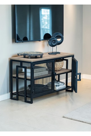 Dekoratif Metal Gövdeli Ahşap Raflı Tv Ünitesi 3 Raflı 2 Kapaklı Tv Sehpası 90 X 30 Cm Televizyon Ünitesi Siyah