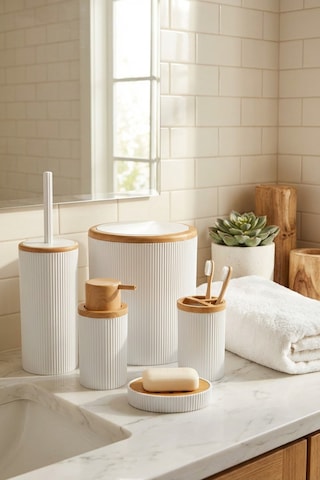 Makri Home Beyaz Bambu Desenli 5 Parça Banyo Seti Çöp Kovası, Wc Fırçalık, Sıvı Sabunluk, Diş Fırçalık,sabunluk