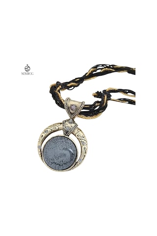El Dokuması Bohem Pirinç Boncuklu Retro Etnik Tarzda Yuvarlak Değerli Taş Kolye Siyah