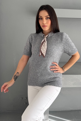 Noa & Noa Kadın Kısa Kollu Fular Detaylı Triko Kazak Soft Elegance Gri