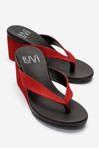 Luvi Shoes Pryon Kırmızı Süet Hakiki Deri Kadın Parmak Arası Dolgu Topuklu Terlik