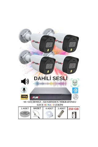 Fury 4 Lü Sesli Gece Renkli Görüş Güvenlik Kamerası Su Geçirmez Güvenlik Kamerası Seti 250gb
