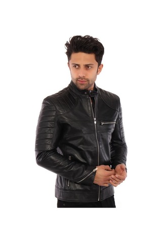 Hakiki Deri Siyah Erkek Deri Mont Omuz Çizgi Detaylı Üç Cepli Fermuarlı Deri Ceket Siyah