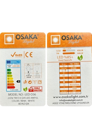 10 Adet Osaka 7w 50w Beyaz Işık E14 Duylu İnce Duy Led Mini Ampul