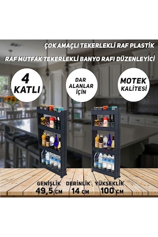 Technow Motek SR-04 Tekerlekli Plastik,Mutfak,Banyo Rafı 4 Katlı