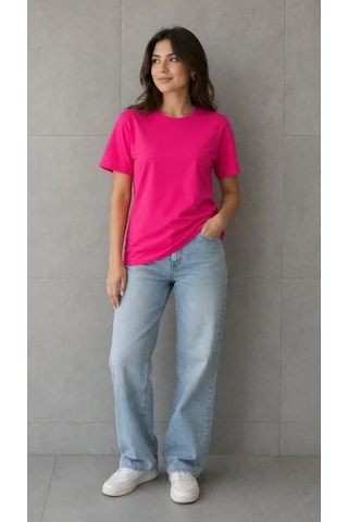 Defymoda Basic Pamuklu Tişört Bisiklet Yaka Düz Renk Relaxed Fit T-shirt - Fuşya