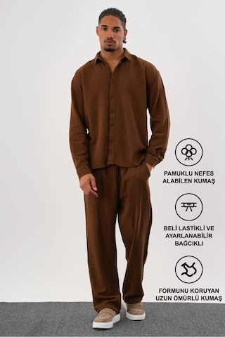 Flare Kışlık Baggy Pantolon Oversize Gömlek Alt Üst Takım %100 Pamuk Kahve