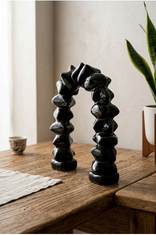 22 Cm Kristal Obje - El Yapımı Modern Organik Kemer Cam Dekoratif Heykel Parlak Siyah