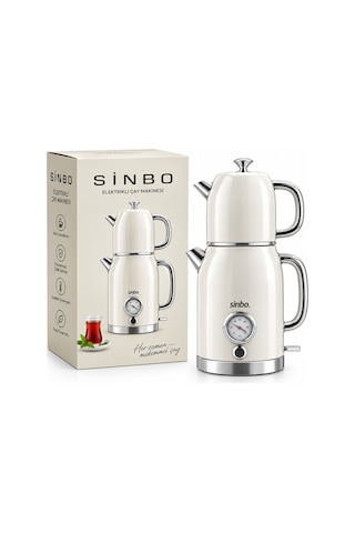 Çapa Makinesi Krem Elektrikli Cam Demlikli Plastik Retro Çay Seti Çaycı Derece Göstergeli 1600w 1.8lt - 1lt Stm-5849