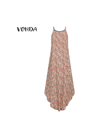 Yeşil Vonda Yaz Kadın Boyundan Bağlamalı Kolsuz Çiçek Baskılı Askı Düzensiz Etek Maxi Elbise Yeşil