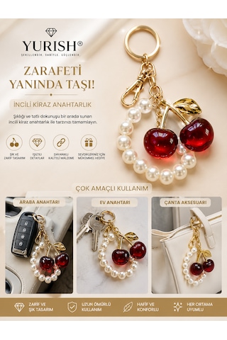 Kadın Gold Bordo Kırmızı Simli İnci Detaylı Kiraz Meyve Figürlü Charm Anahtarlık Çanta Süsü