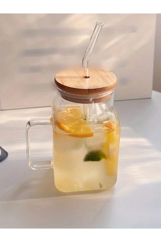 Borosilikat Cam Kupa 650 Ml Bambu Kapaklı Ve Cam Pipetli Isıya Dayanıklı Bardak Şeffaf