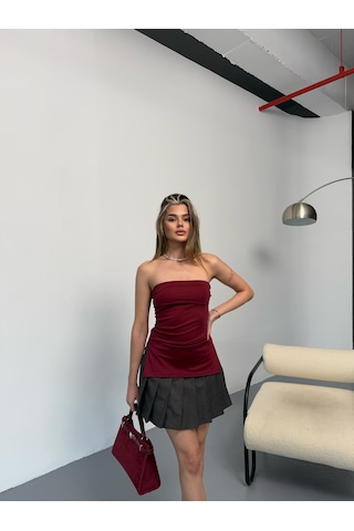 Kadın Straplez Bluz Bordo