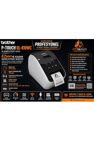Brother P-touch Ql-810wc 62mm E Kadar Baskı Dk Serisi Usb Wi-fi Etiket Yazıcı + Dk-22205 62mm Termal Etiket, 30 Metre