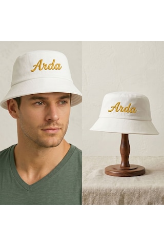 Bk Gift Kişiye Özel İsim Nakışlı Unisex Bucket Şapka Beyaz Pamuk Gabardin Kumaş Yazlık Şapka